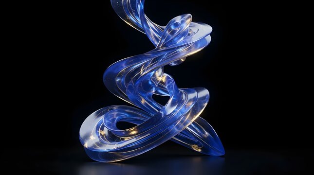 Abstract swirling blue glass sculpture with gold accents