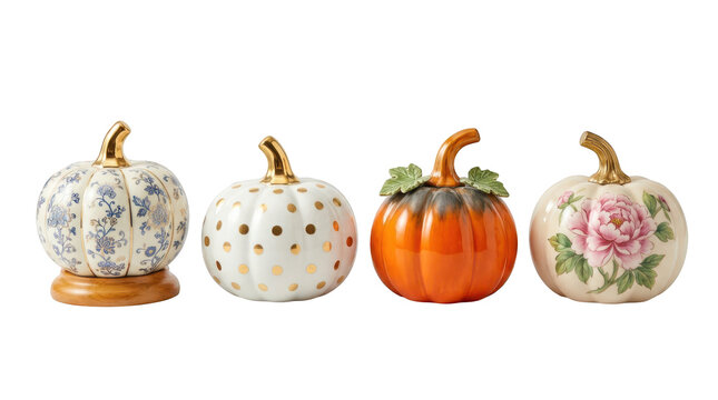 Collection of four decorative ceramic pumpkins with various patterns isolated on transparent background