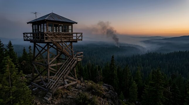 Rustic Watchtower Overlook at Dusk Above Dense Forest