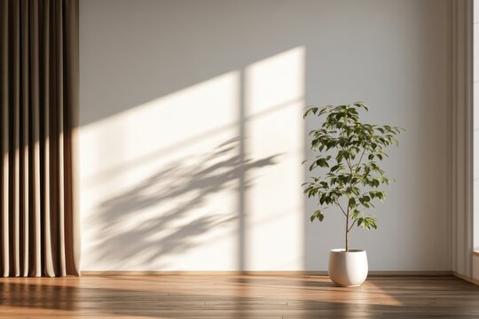 3D illustration of a clean interior: plant, white wall backdrop, and natural wood floor