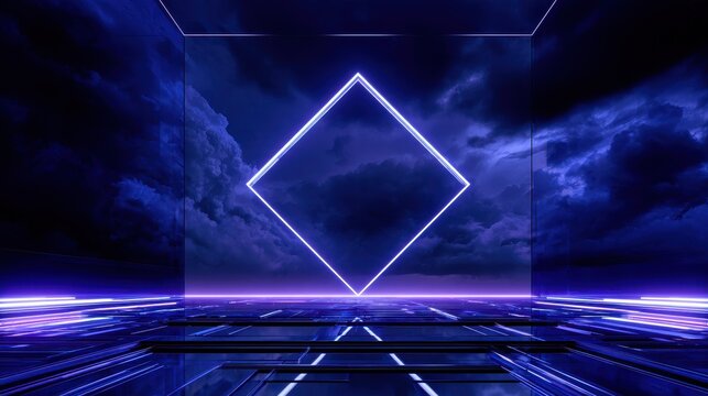 3D neon rhombus frame on a square geometric background with copy space against a stormy night sky