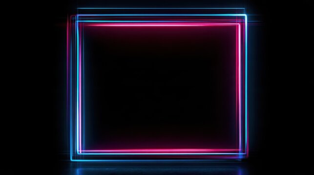 3D Neon Square Picture Frame with Blue and Pink Light Trails on a Black Background