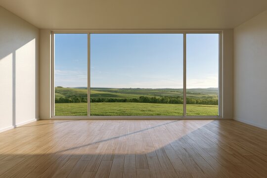 3D render of a bright empty room in Nordic design with an expansive window wall and lush outdoors