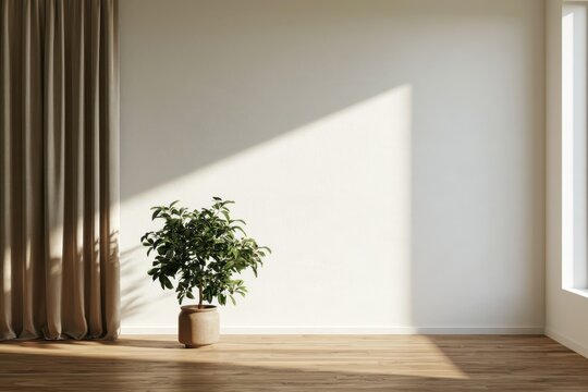 3D rendered interior scene featuring a potted plant against a white wall, brown curtain, and wooden floor