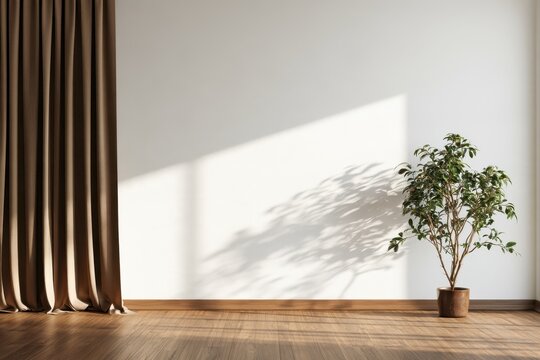 3D rendered modern interior: white wall backdrop, brown curtain, lush potted plant and warm wooden floor