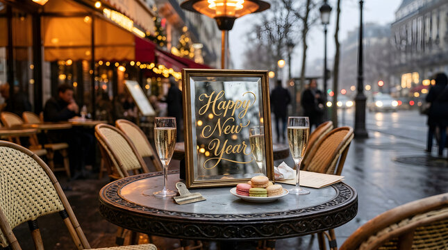 A festive Parisian street cafe table decorated with champagne flutes, macarons, and a New Year sign.