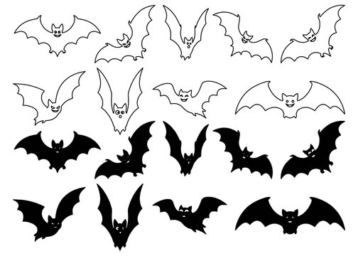 Halloween flying bats outline and silhouette icons set isolated on transparent background