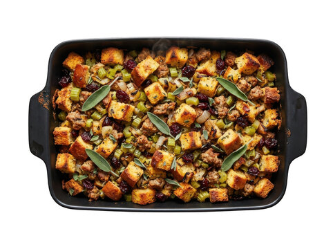 Top view of a baking dish filled with savory stuffing with sausage, celery, cranberries, and fresh sage leaves isolated on transparent background