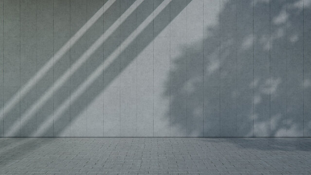 Vacant Concrete Plate Wall External Area with Deep Shade and Concrete Paver Floor. Architecture Concept with copy-space.