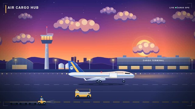 Flat Vector Cargo Airplane Landing At Sunset Airport, Ground Crew Unloading Freight Containers Logistics Animation
