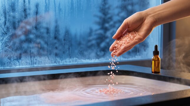 Hand pouring pink Himalayan salt into a steaming bathtub with an essential oil bottle, against a frosted window with a snowy forest view, representing winter spa, self-care and relaxation