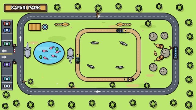 Top View Safari Park Animation Featuring Wild Animals and Moving Vehicles as an Educational Game Design for Kids and Nature Tourism Promotion