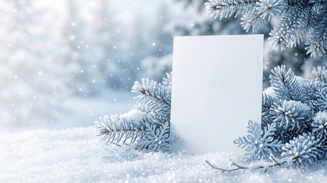 Blank white card standing in fresh snow surrounded by frosted fir branches and decorative snowflakes, representing a winter greeting card, Christmas message with copy space