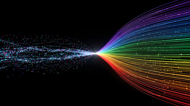 High-Speed Fiber Optic Data Stream with Glowing Digital Particles Converging into a Futuristic Telecommunication Network