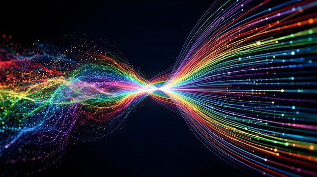 High-Speed Fiber Optic Data Stream with Glowing Digital Particles Converging into a Futuristic Telecommunication Network