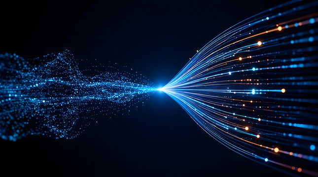 High-Speed Fiber Optic Data Stream with Glowing Digital Particles Converging into a Futuristic Telecommunication Network