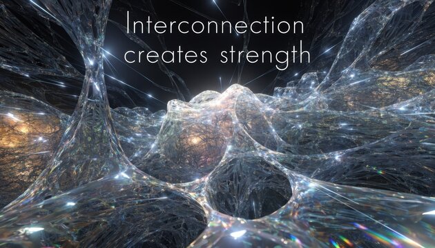 Abstract digital illustration of an intricate network of glowing crystalline threads and glass-like fibers representing interconnection with the text 'Interconnection creates strength'.