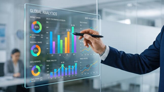 Businessman analyzing global analytics dashboard on transparent holographic screen, displaying sales performance charts, market share pie graphs, trend analysis, corporate