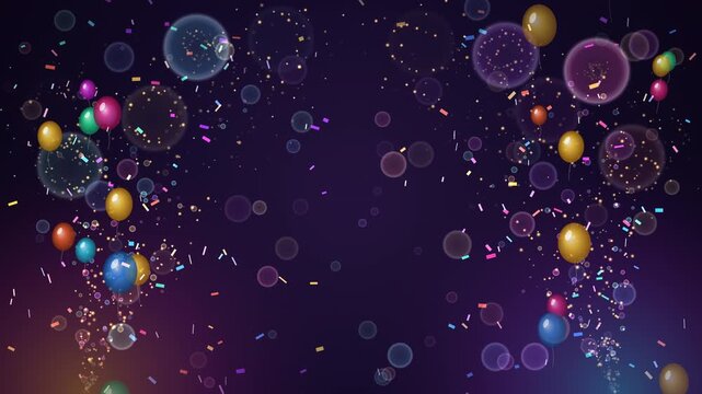 Colorful balloons and confetti falling on purple background