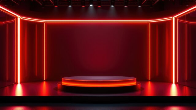 Dark stage features circular platform illuminated by vibrant red neon lights. Minimalist design creates dramatic presentation space.