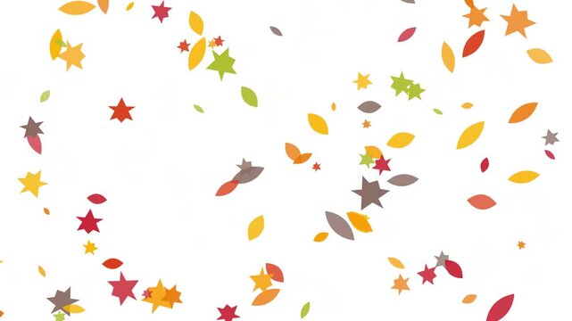 Bright seasonal animation of colorful leaves and stars falling on a white backdrop