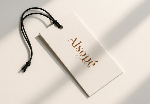 Minimal Tag Mockup PSD With Elegant White Label And Black Cord On Soft Light
