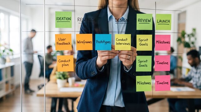 Creative business professional organizing project workflow on glass wall with sticky notes, planning product development lifecycle from research to launch, agile methodology and