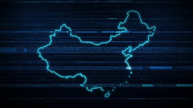 Digital glitch effect reveals a blue map of China: loading circle, border drawing on, scanline fill for travel and data presentations, glitch art.