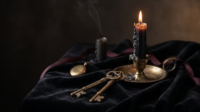 Antique keys burning candle and locket on dark velvet fabric.