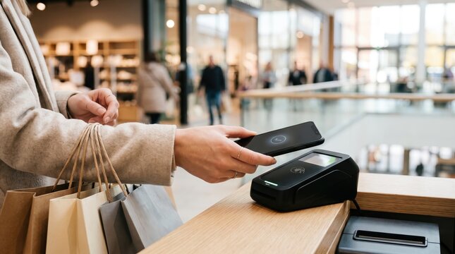 Customer making contactless payment with smartphone at retail checkout counter using NFC technology, hands holding phone near card terminal, digital wallet transaction in shopping