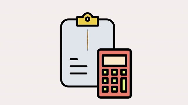 Animated accounting icon with spreadsheet, money and calculator animation demonstrating cost estimation and budgeting. Color style on a white background in 4K