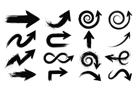 Collection of handdrawn ink brush arrows with rough textures and various shapes isolated on white background for design and creative projects