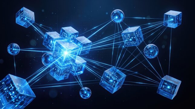 Abstract representation of blockchain technology featuring interconnected glowing blue cubes and nodes forming a distributed network structure against a dark background