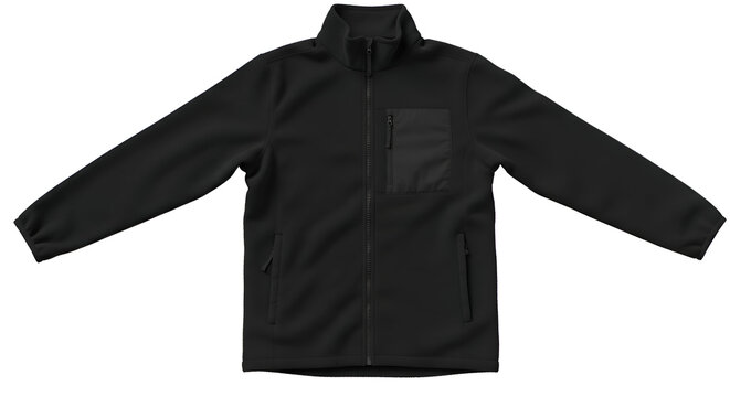 Black fleece jacket with zipper closure. Uniformed jacket displayed against a white background. Generic outerwear for various applications -