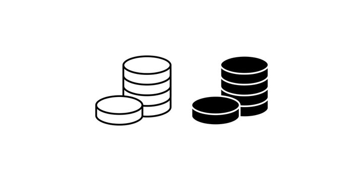 Stack of coins currency vector icons in outline and solid styles for financial website interface.