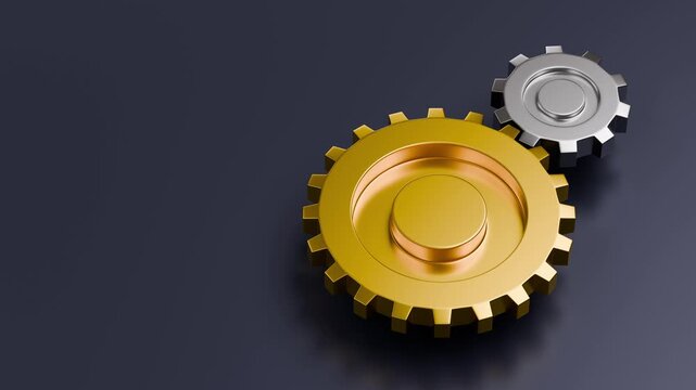 Two Rotating Metal Gears, One Gold and One Silver, Symbolizing Teamwork and Synergy on a Dark Background. 3d Rendering