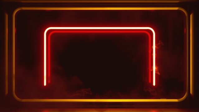 Bright neon rectangle glows within darker rectangular frame. Smoke or fog adds depth, creating futuristic effect. Intense colors dominate composition.