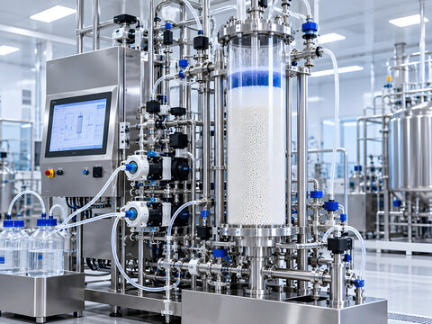 Industrial chromatography column with resin bed for biopharmaceutical protein purification and biologics manufacturing