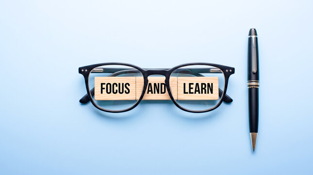 Glasses with focus and learn wooden labels next to a sleek pen on a light blue background