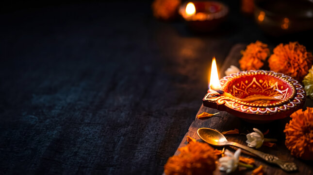 Glowing Diwali oil lamp with marigold flowers and traditional metal spoon on dark wooden surface
