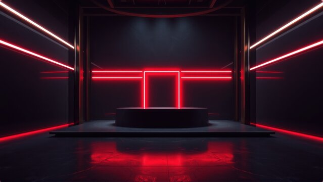 Dark room features glowing red neon lines, minimalist stage. Center platform illuminated, creating dramatic presentation space.
