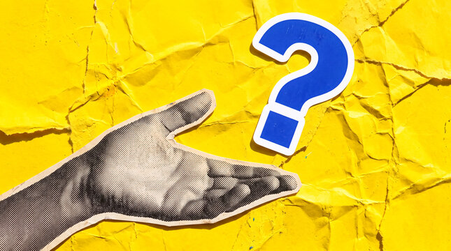 Hand reaching toward a large question mark symbol on yellow textured background