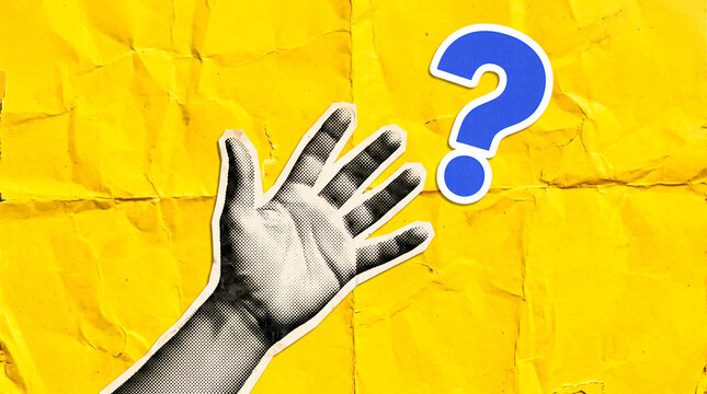 Hand reaching toward blue question mark against vibrant yellow textured background