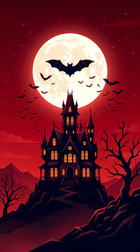 Haunting Gothic castle under a blood-red moon with swarming bats at night