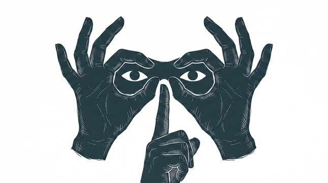 Illustrated hands forming a masked face with finger over mouth for secrecy or mystery concept