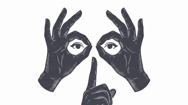 Illustrated hands forming eyes with fingers symbolizing secrecy or surveillance concept