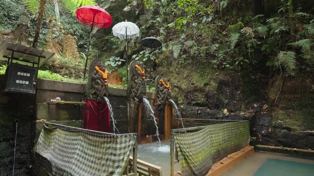 Traditional Balinese Melukat Purification Pool with Ornate Stone Water Spouts and Ceremonial Umbrellas at Ulu Petanu Waterfall, Bali, Indonesia