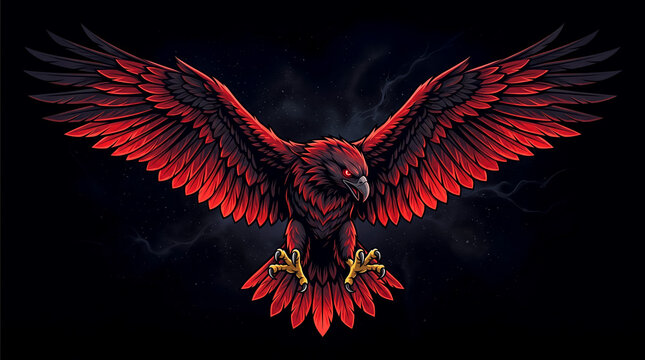 Majestic red and black eagle soaring with outstretched wings against night sky