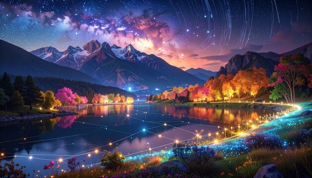 Night landscape with glowing data lattice over mountain lake and starry sky for technology concept