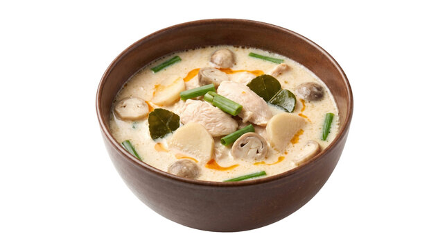 Thai tom kha gai soup with coconut milk and mushrooms on a transparent background